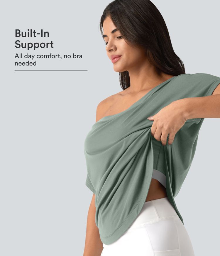 One Shoulder Short Sleeve Curved Hem High Low Quick Dry Yoga Sports Top-Built-in Bra One Shoulder Short Sleeve Curved Hem High Low Quick Dry Yoga Sports Top-Built-in Bra