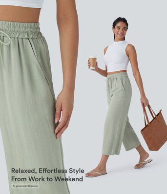 High Waisted Drawstring Wide Leg Cropped Casual Linen-Feel Trousers with Pockets High Waisted Drawstring Wide Leg Cropped Casual Linen-Feel Trousers with Pockets