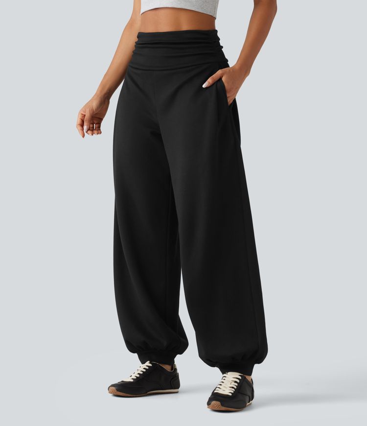 High Waisted Ruched Balloon Casual Joggers with Pockets
