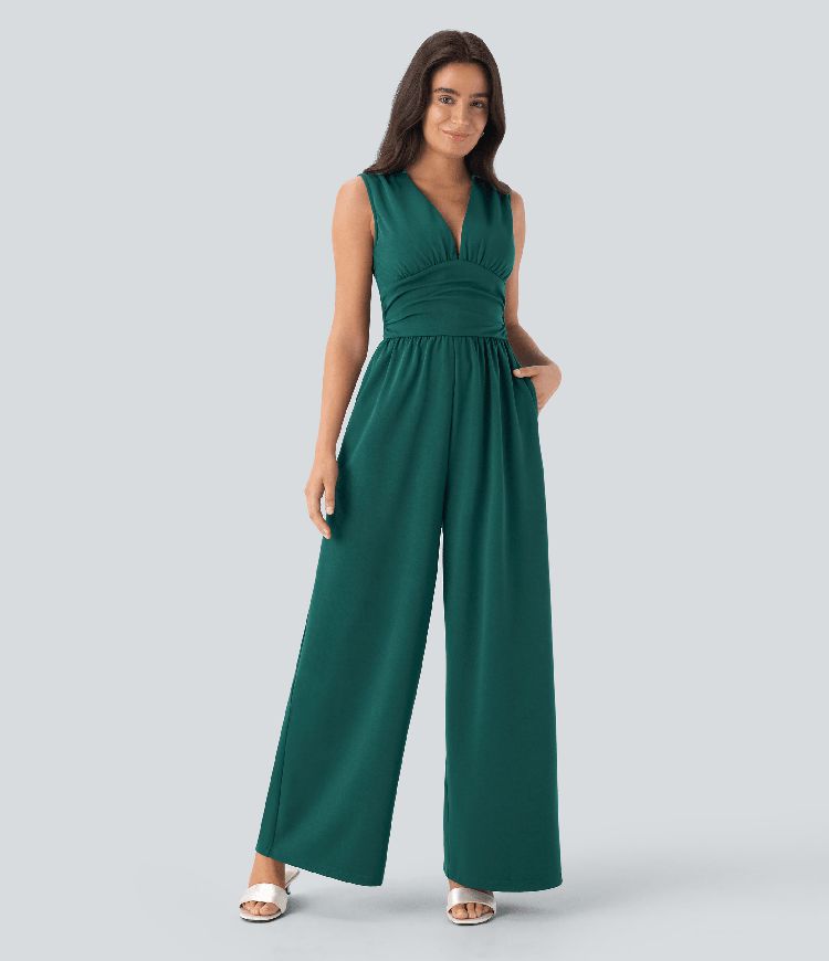 V Neck Sleeveless Ruched Pocket Jumpsuit-Easy Peezy V Neck Sleeveless Ruched Pocket Jumpsuit-Easy Peezy