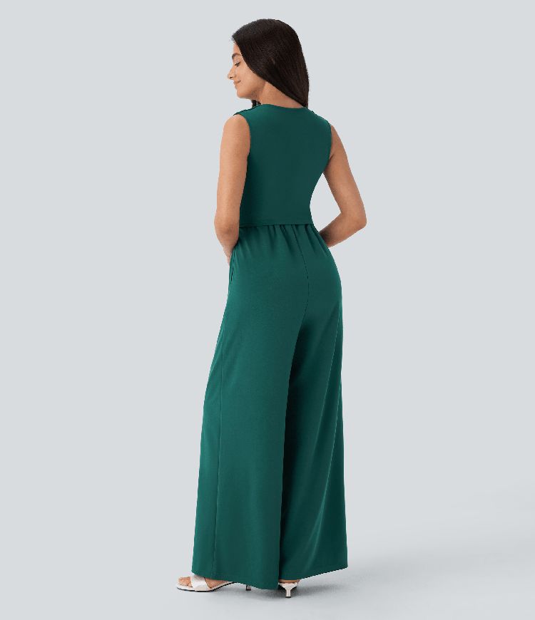 V Neck Sleeveless Ruched Pocket Jumpsuit-Easy Peezy V Neck Sleeveless Ruched Pocket Jumpsuit-Easy Peezy