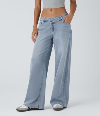 Halara Flex™ Asymmetric Low Rise Zipper Pockets Baggy Wide Leg Washed Casual Jeans