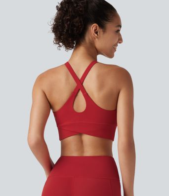 Halara UltraSculpt™ Brassière de yoga et de sport côtelée, soutien léger, encolure en V, bonnet intégré