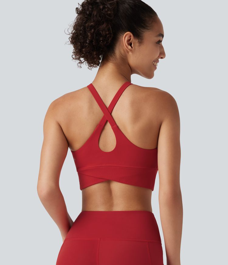 Halara UltraSculpt™ Brassière de yoga et de sport côtelée, soutien léger, encolure en V, bonnet intégré