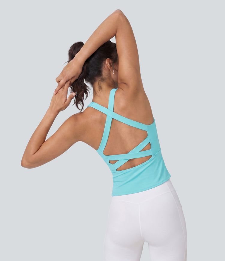 SoftlyZero™ Top cropped de corrida com decote quadrado e tecido arejado InstantCool - comprimento mais longo - UPF50+