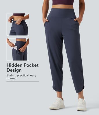 High Waisted Inner Drawstring Cropped Curved Hem InstantCool Quick Dry Running Pants with Pockets-UPF50+