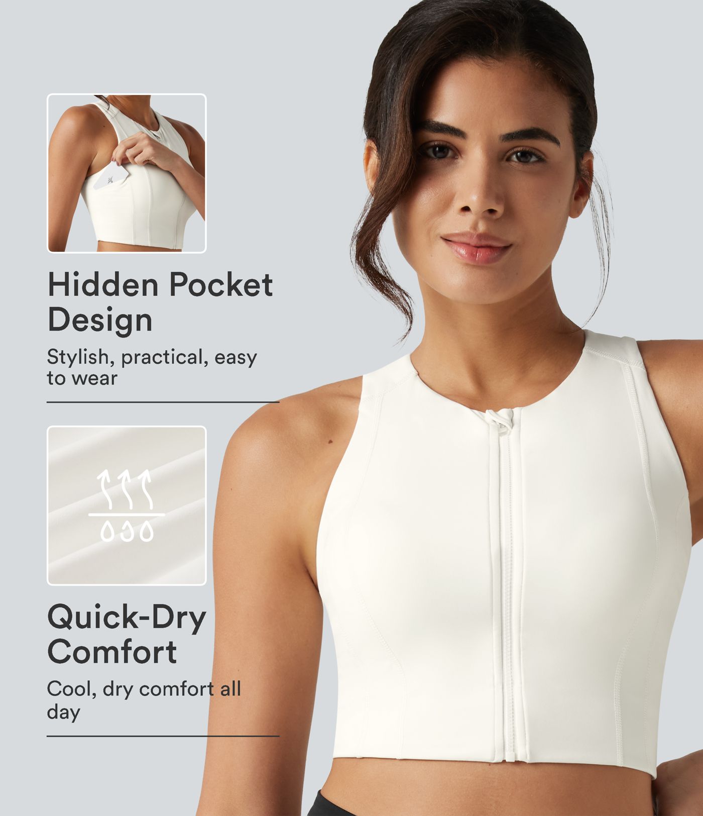Round Neck Built-in Bra InstantCool Quick Dry Cropped Running Tank Top with Pockets-UPF50+