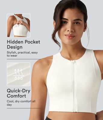 Round Neck Built-in Bra InstantCool Quick Dry Cropped Running Tank Top with Pockets-UPF50+