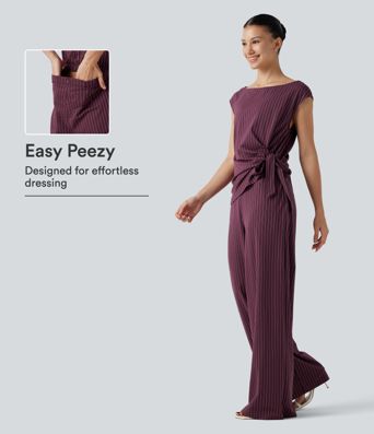 Boat Neck Sleeveless Tie Side Cool Touch Stripe Work Jumpsuit with Pockets-Easy Peezy Edition Boat Neck Sleeveless Tie Side Cool Touch Stripe Work Jumpsuit with Pockets-Easy Peezy Edition