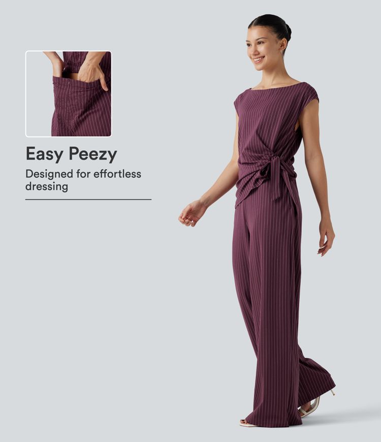 Boat Neck Sleeveless Tie Side Cool Touch Stripe Work Jumpsuit with Pockets-Easy Peezy Edition Boat Neck Sleeveless Tie Side Cool Touch Stripe Work Jumpsuit with Pockets-Easy Peezy Edition