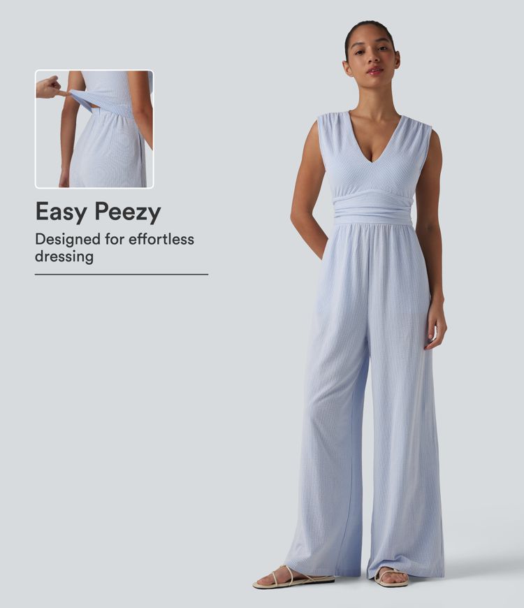 V Neck Sleeveless Built-in Bra Stripe Casual Jumpsuit with Pockets-Easy Peezy Edition V Neck Sleeveless Built-in Bra Stripe Casual Jumpsuit with Pockets-Easy Peezy Edition