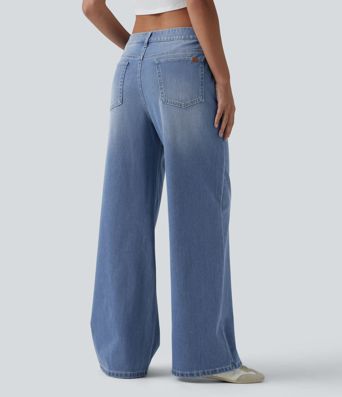 Halara Flex™ Mid Rise Washed Baggy Wide Leg Casual Jeans with Pockets Halara Flex™ Mid Rise Washed Baggy Wide Leg Casual Jeans with Pockets