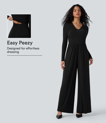 Ribbed V Neck Wrapped Tie Back Long Sleeve Wide Leg Casual Jumpsuit with Pockets-Easy Peezy Edition