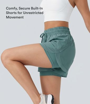 Short de running 2-en-1, taille mi-haute avec cordon de serrage, empiècements en mesh contrastant, 3''