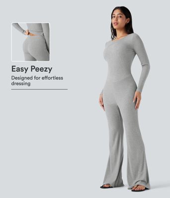 High Stretch Ribbed Knit Boat Neck Long Sleeve Casual Flare Jumpsuit-Easy Peezy High Stretch Ribbed Knit Boat Neck Long Sleeve Casual Flare Jumpsuit-Easy Peezy
