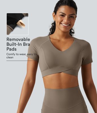 Halara UltraSculpt™ V Neck Built-in Bra Short Sleeve Crossover Hem Cropped Workout Sports Top DD-F Cups Halara UltraSculpt™ V Neck Built-in Bra Short Sleeve Crossover Hem Cropped Workout Sports Top DD-F Cups