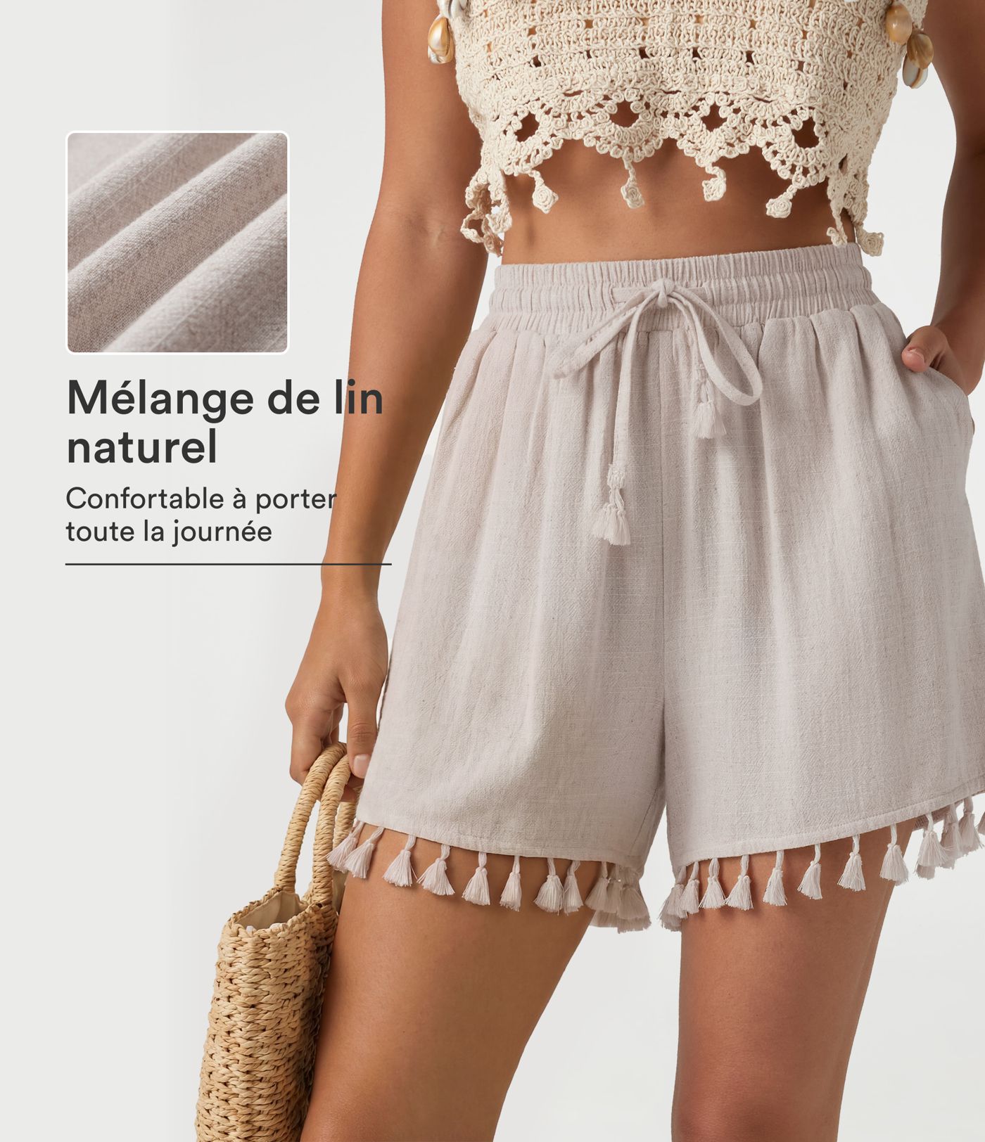 Short ample de vacances en mélange de lin taille haute avec cordon de serrage et ourlet à franges à poches Short ample de vacances en mélange de lin taille haute avec cordon de serrage et ourlet à franges à poches
