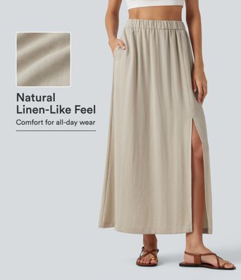 Jupe maxi taille haute à l'ourlet fendu, effet lin, décontractée, avec poches Jupe maxi taille haute à l'ourlet fendu, effet lin, décontractée, avec poches
