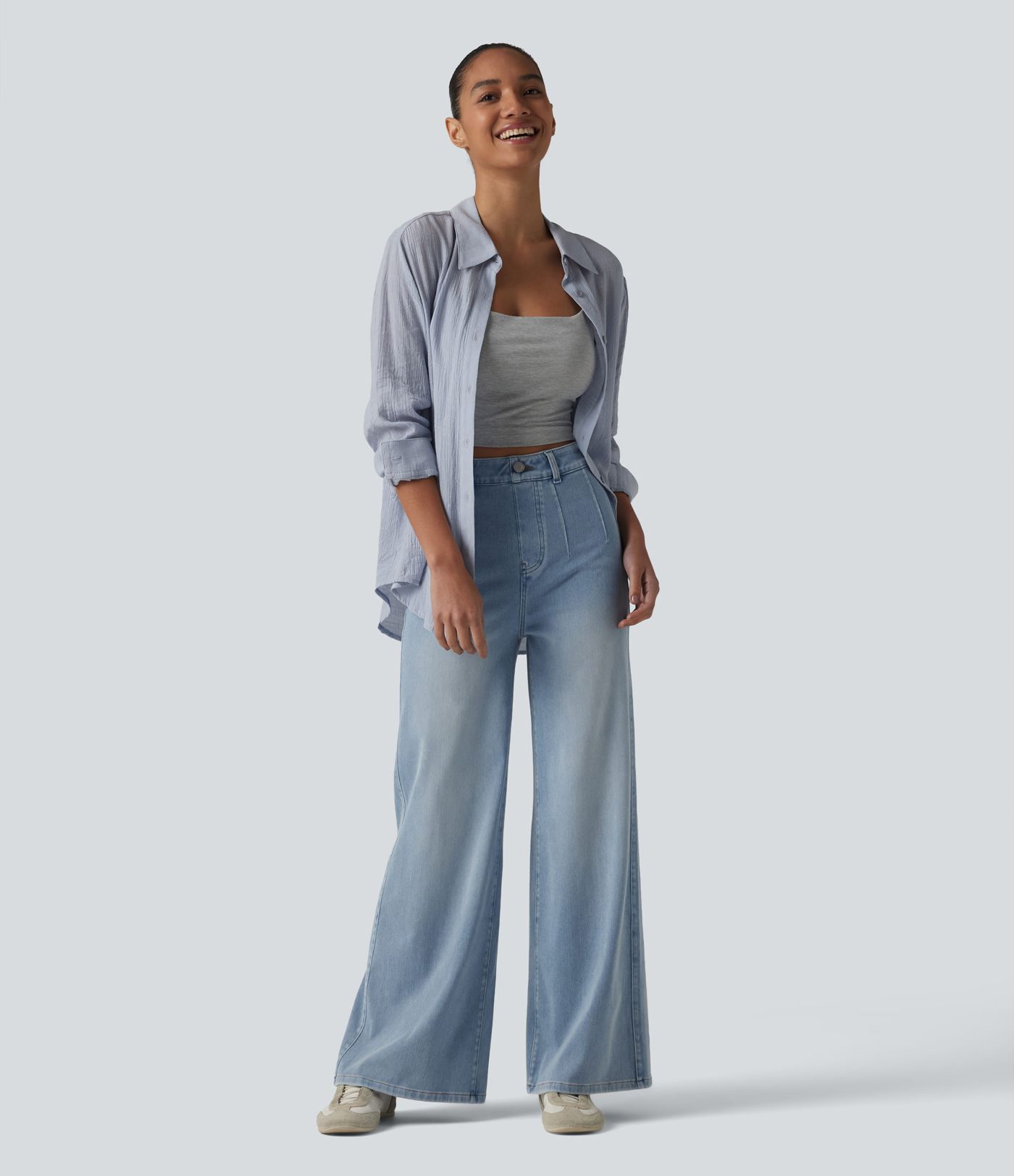 Halara Flex™ blugi casual cu talie înaltă, efect modelator pentru abdomen, croială evazată și buzunare Halara Flex™ blugi casual cu talie înaltă, efect modelator pentru abdomen, croială evazată și buzunare