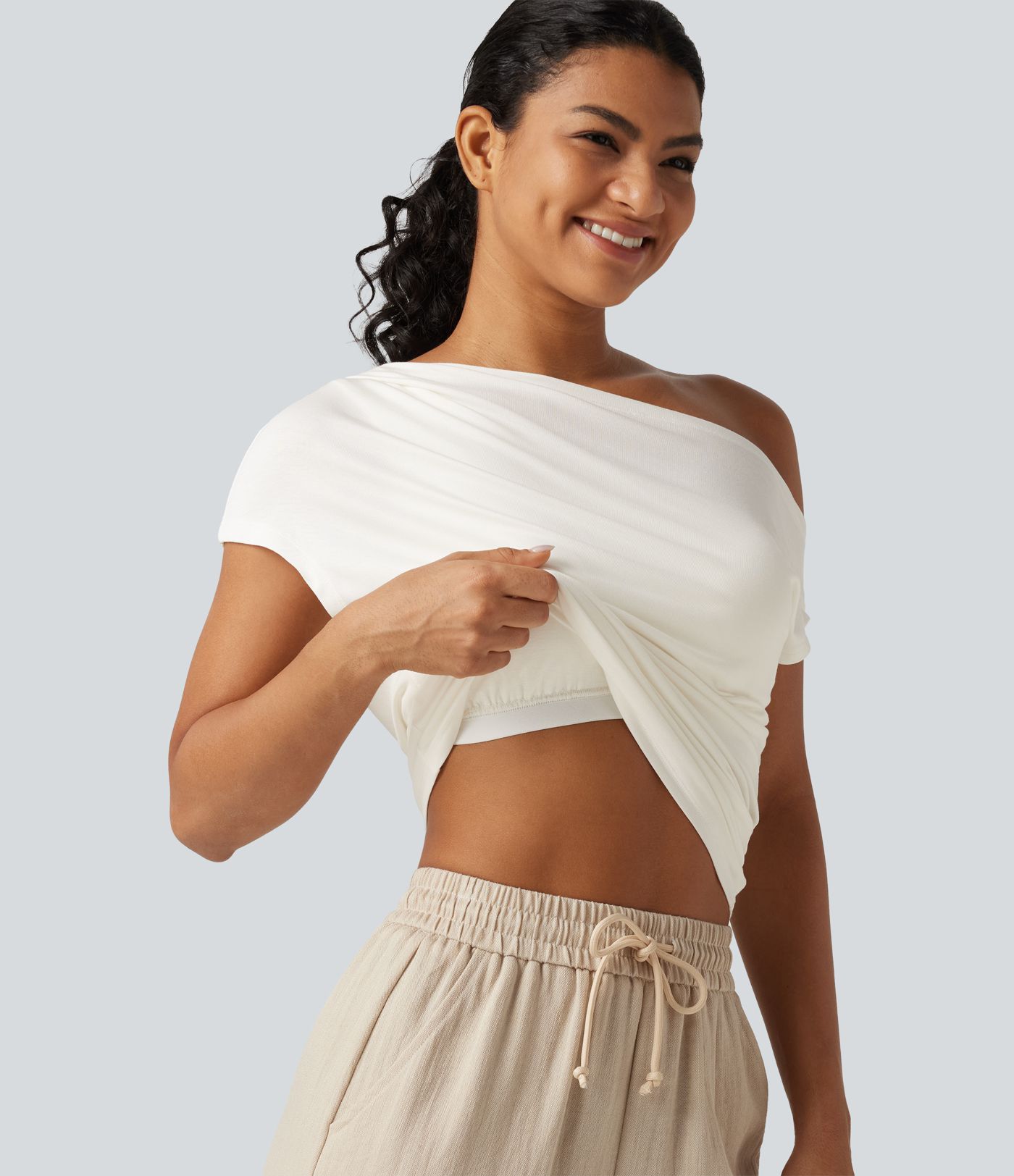 Ribbed One Shoulder Short Sleeve Ruched Built-in Bra Casual T-Shirt Ribbed One Shoulder Short Sleeve Ruched Built-in Bra Casual T-Shirt