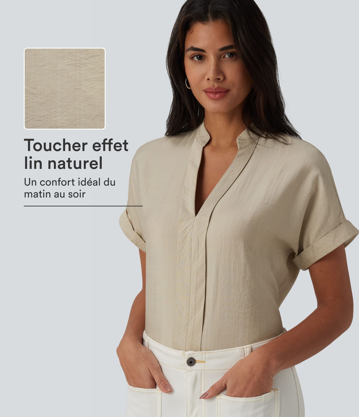 Chemise col V manches courtes aspect lin pour le bureau Chemise col V manches courtes aspect lin pour le bureau