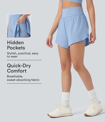 SoftlyZero™ QuickDry High Waisted Tummy Control Reflective Dots Crossover Hem 2-in-1 Running Shorts 5'' with Pockets SoftlyZero™ QuickDry High Waisted Tummy Control Reflective Dots Crossover Hem 2-in-1 Running Shorts 5'' with Pockets
