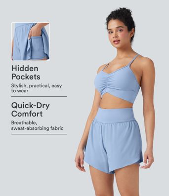 SoftlyZero™ QuickDry High Waisted Tummy Control Reflective Dots Crossover Hem 2-in-1 Running Shorts 5'' with Pockets SoftlyZero™ QuickDry High Waisted Tummy Control Reflective Dots Crossover Hem 2-in-1 Running Shorts 5'' with Pockets