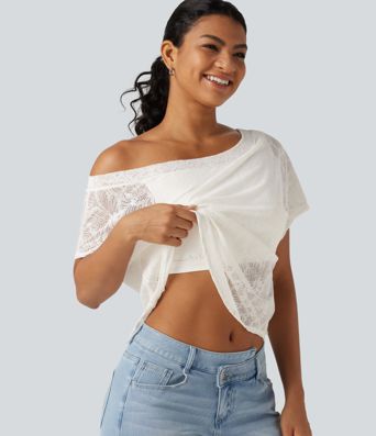 One Shoulder Short Sleeve Built-in Bra Curved Hem High Low Lace Casual Top One Shoulder Short Sleeve Built-in Bra Curved Hem High Low Lace Casual Top