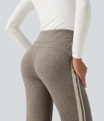 Lässige, gerippte Flare-Hose mit hohem Bund, Seitentaschen, Bauchkontrolle, Kordelzug und Streifen
