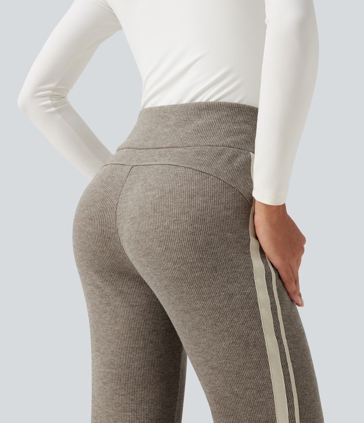 Lässige, gerippte Flare-Hose mit hohem Bund, Seitentaschen, Bauchkontrolle, Kordelzug und Streifen