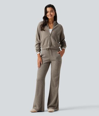 Lässige, gerippte Flare-Hose mit hohem Bund, Seitentaschen, Bauchkontrolle, Kordelzug und Streifen