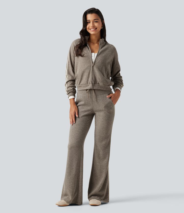 Lässige, gerippte Flare-Hose mit hohem Bund, Seitentaschen, Bauchkontrolle, Kordelzug und Streifen