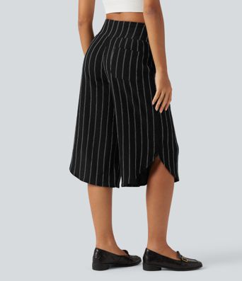 High Waisted Curved Hem Stripe Capri Casual Pants with Pockets High Waisted Curved Hem Stripe Capri Casual Pants with Pockets