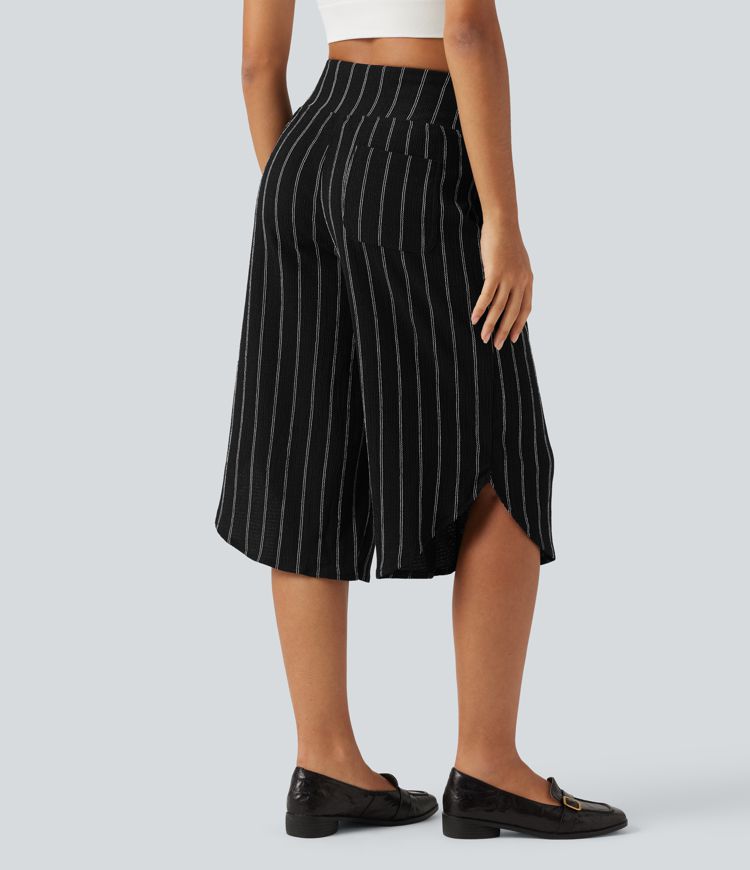 High Waisted Curved Hem Stripe Capri Casual Pants with Pockets High Waisted Curved Hem Stripe Capri Casual Pants with Pockets