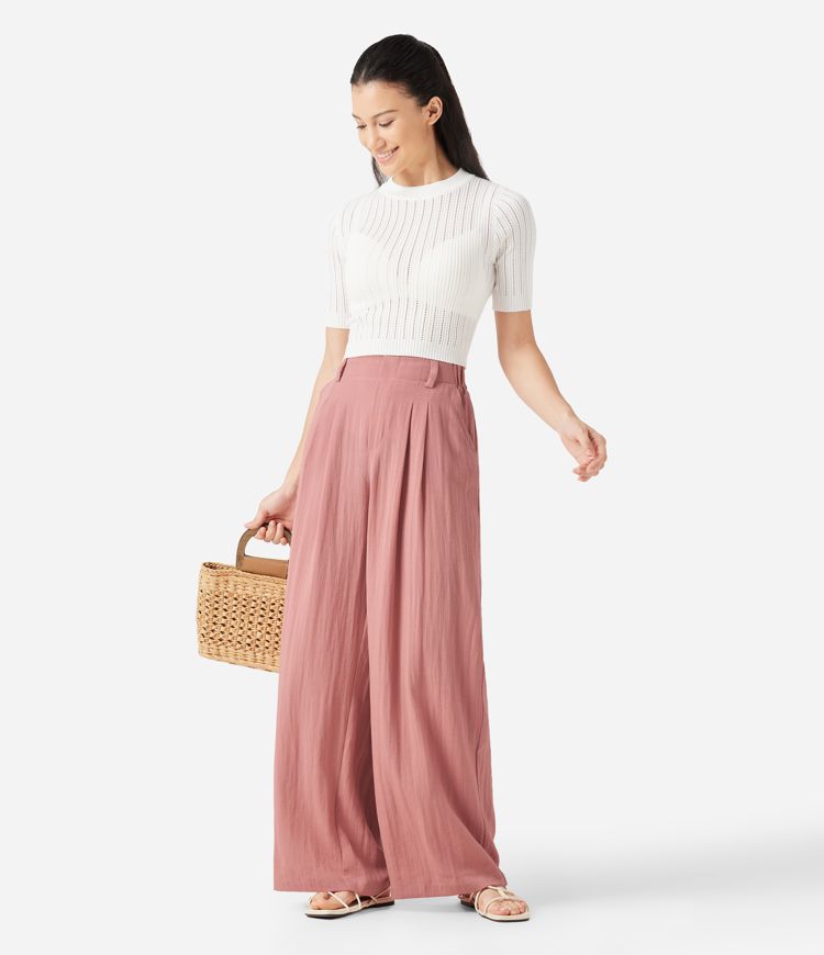 High Waisted Pocket Wide Leg Flowy Solid Palazzo Casual Linen-Feel Pants High Waisted Pocket Wide Leg Flowy Solid Palazzo Casual Linen-Feel Pants