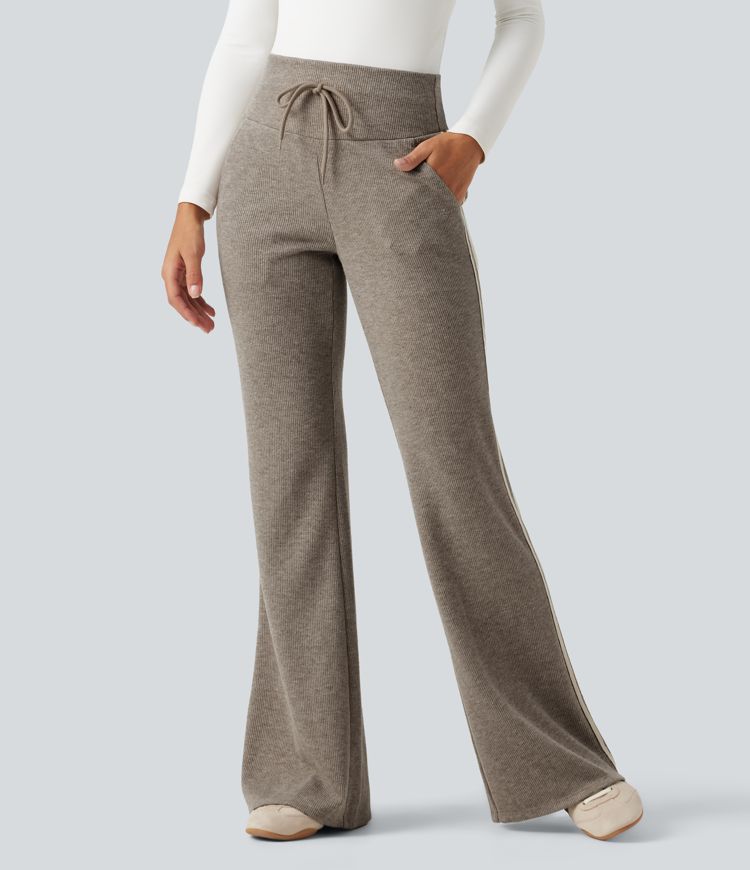 Lässige, gerippte Flare-Hose mit hohem Bund, Seitentaschen, Bauchkontrolle, Kordelzug und Streifen