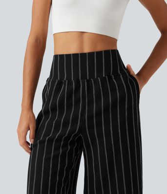 High Waisted Curved Hem Stripe Capri Casual Pants with Pockets High Waisted Curved Hem Stripe Capri Casual Pants with Pockets
