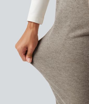 Lässige, gerippte Flare-Hose mit hohem Bund, Seitentaschen, Bauchkontrolle, Kordelzug und Streifen