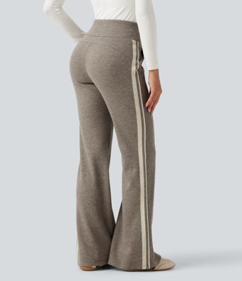 Lässige, gerippte Flare-Hose mit hohem Bund, Seitentaschen, Bauchkontrolle, Kordelzug und Streifen