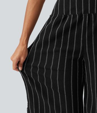 High Waisted Curved Hem Stripe Capri Casual Pants with Pockets High Waisted Curved Hem Stripe Capri Casual Pants with Pockets