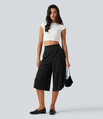 High Waisted Curved Hem Stripe Capri Casual Pants with Pockets High Waisted Curved Hem Stripe Capri Casual Pants with Pockets