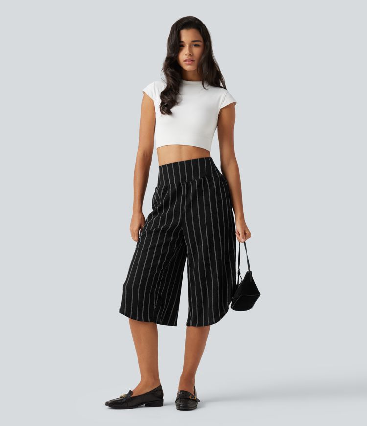 High Waisted Curved Hem Stripe Capri Casual Pants with Pockets High Waisted Curved Hem Stripe Capri Casual Pants with Pockets