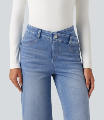 Halara Flex™ Asymmetric High Waisted Tummy Control Wide Leg Casual Jeans with Pockets Halara Flex™ Asymmetric High Waisted Tummy Control Wide Leg Casual Jeans with Pockets