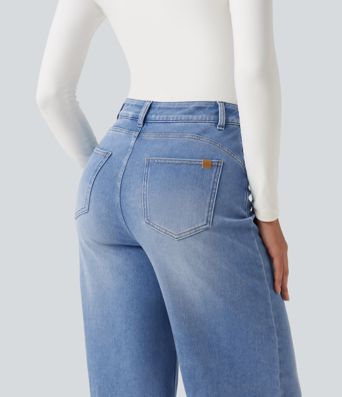 Halara Flex™ Asymmetric High Waisted Tummy Control Wide Leg Casual Jeans with Pockets Halara Flex™ Asymmetric High Waisted Tummy Control Wide Leg Casual Jeans with Pockets