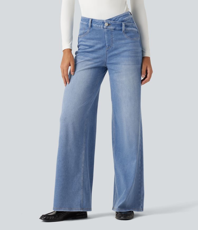 Halara Flex™ Asymmetric High Waisted Tummy Control Wide Leg Casual Jeans with Pockets Halara Flex™ Asymmetric High Waisted Tummy Control Wide Leg Casual Jeans with Pockets