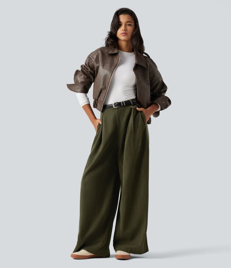 High Waisted Baggy Corduroy Casual Pants with Pockets High Waisted Baggy Corduroy Casual Pants with Pockets