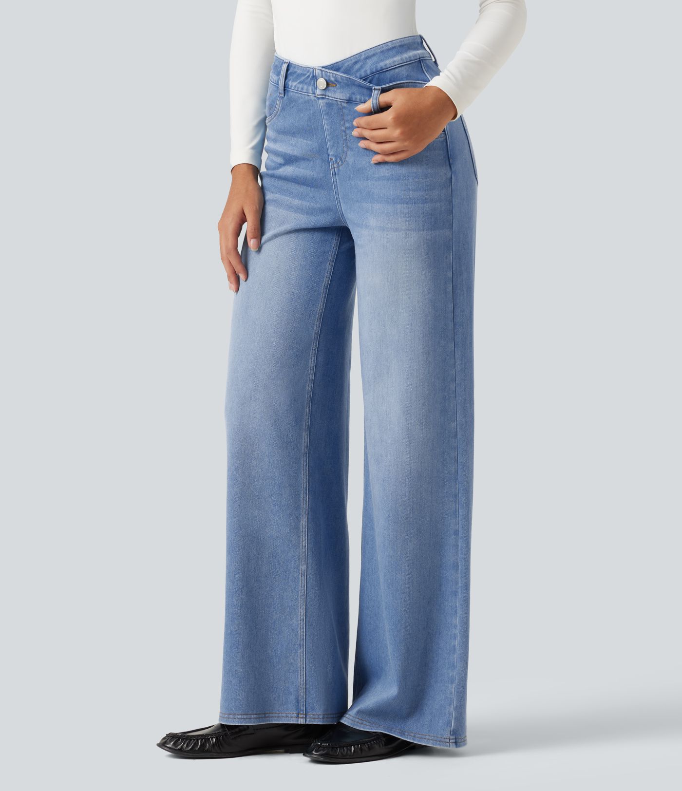 Halara Flex™ Asymmetric High Waisted Tummy Control Wide Leg Casual Jeans with Pockets Halara Flex™ Asymmetric High Waisted Tummy Control Wide Leg Casual Jeans with Pockets