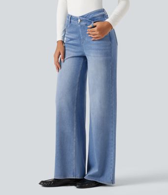 Halara Flex™ Asymmetric High Waisted Tummy Control Wide Leg Casual Jeans with Pockets Halara Flex™ Asymmetric High Waisted Tummy Control Wide Leg Casual Jeans with Pockets