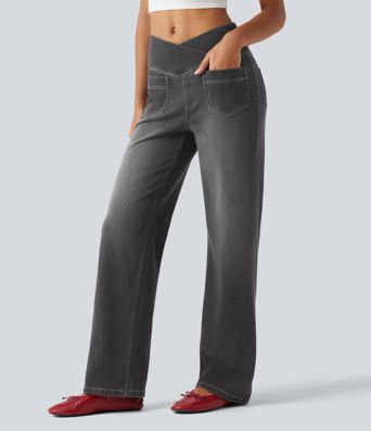 Halara Flex™ jeans décontractés taille haute à taille croisée, effet ventre plat, coupe droite, avec poches