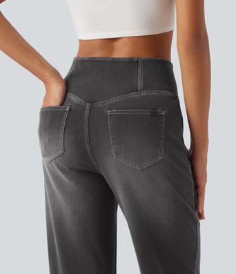 Halara Flex™ jeans décontractés taille haute à taille croisée, effet ventre plat, coupe droite, avec poches